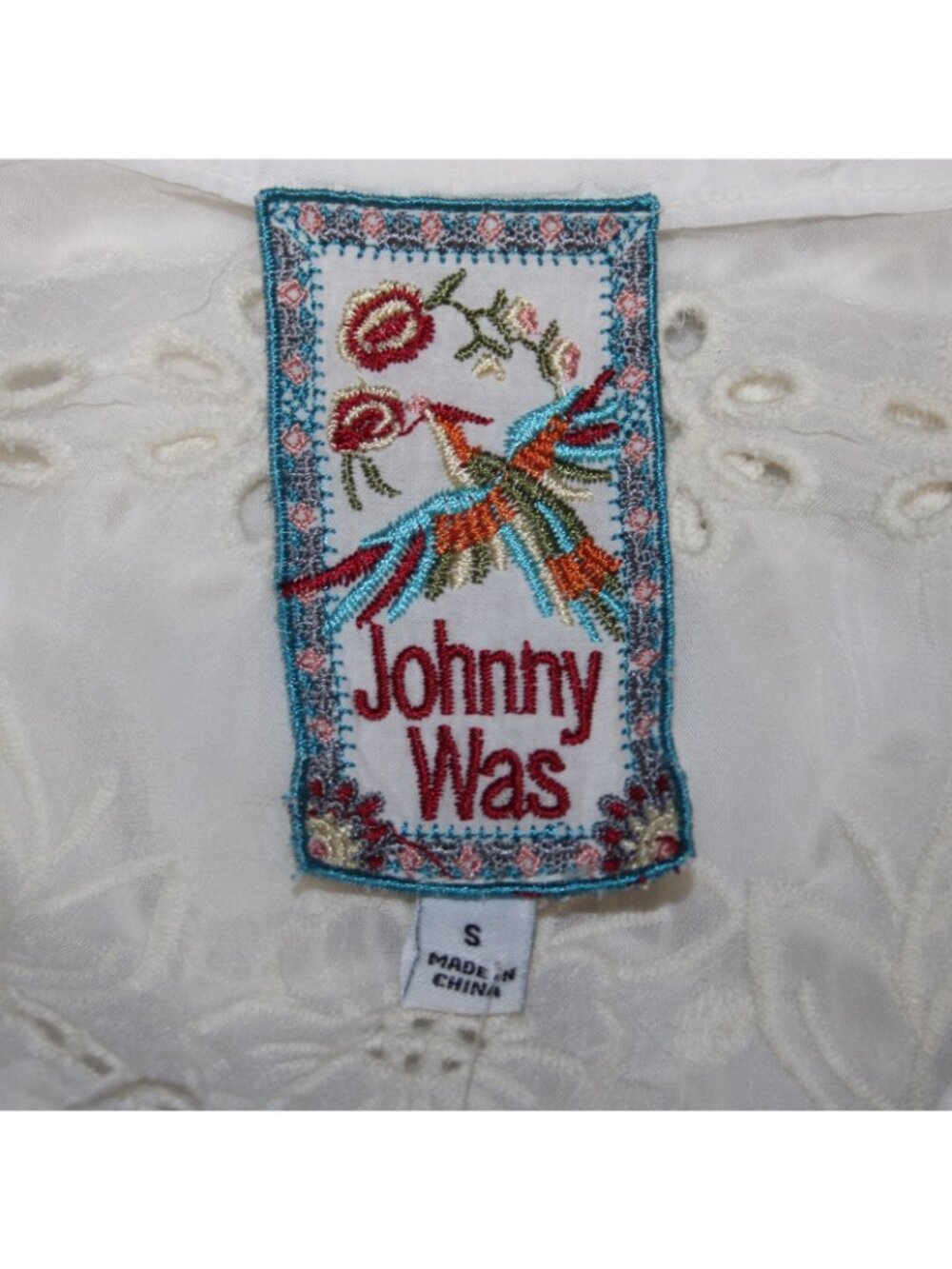 Johnny Was Top $275 Monroe Sz S White Embroidered 100% Rayon Poly Top - Picture 6 of 11